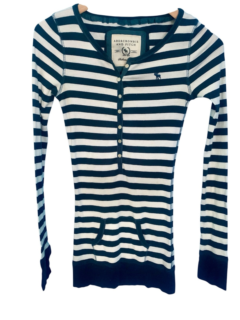 VTG Y2K Abercrombie & Fitch Blue White Stripe Fitted Ribbed Henley Top M